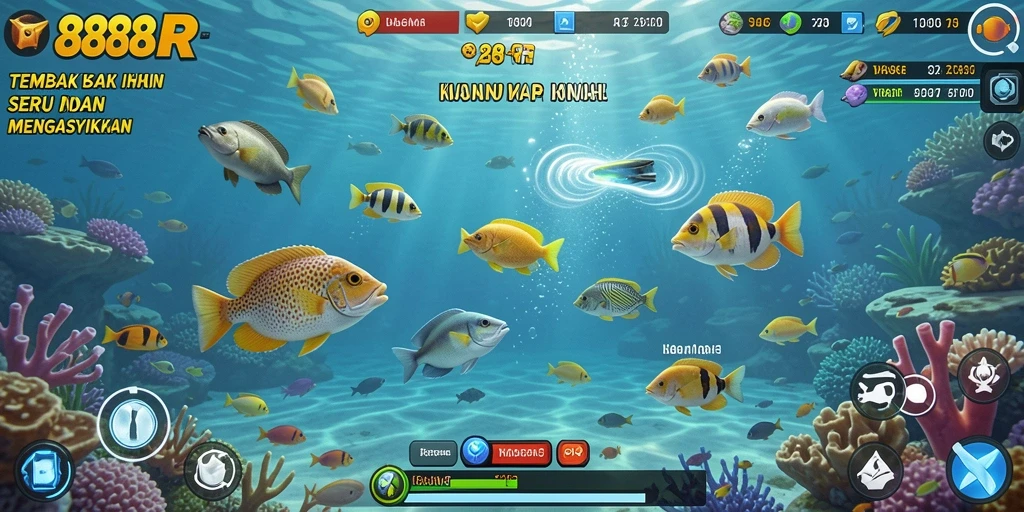 Tampilan gameplay seru di 888R dengan aksi menembak ikan.