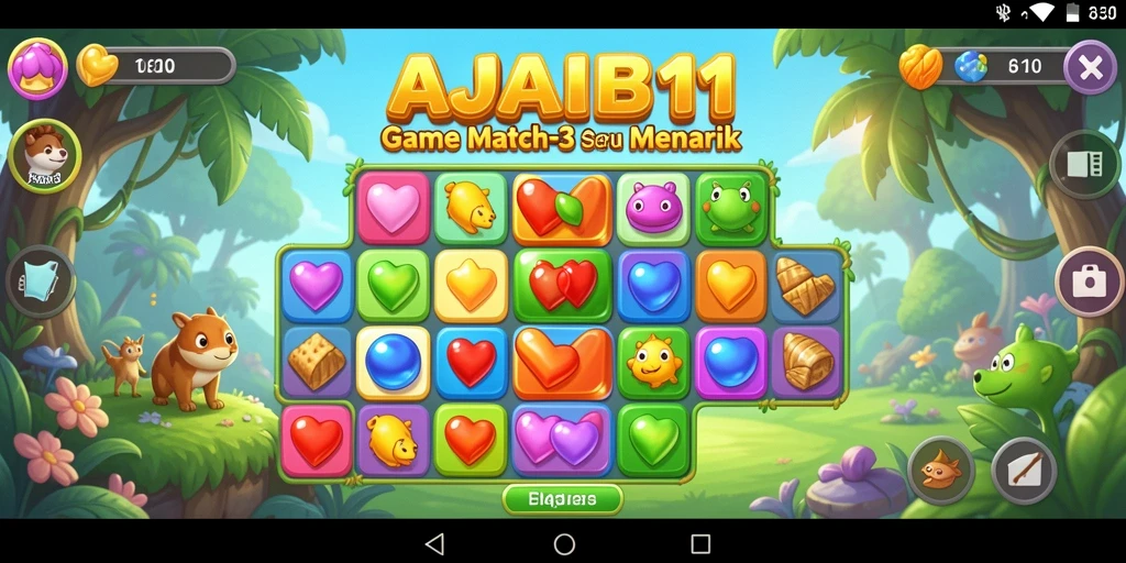 Screenshot AJAIB11 menampilkan gameplay match-3 yang menarik dan penuh warna.