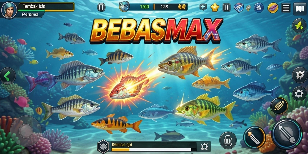 Tangkapan layar BEBASMAX yang menampilkan aksi menembak ikan.