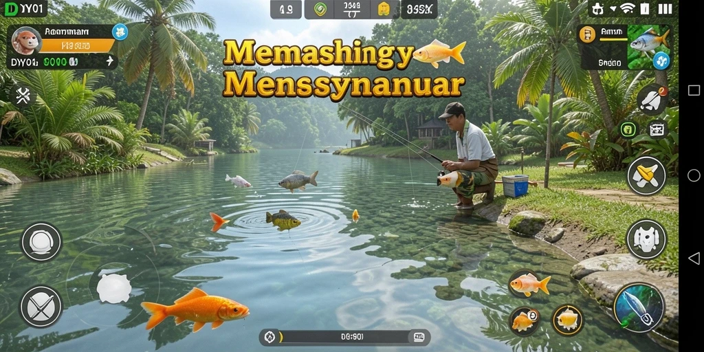 Screenshot DY01 menampilkan pemain yang menangkap ikan di pemandangan indah.
