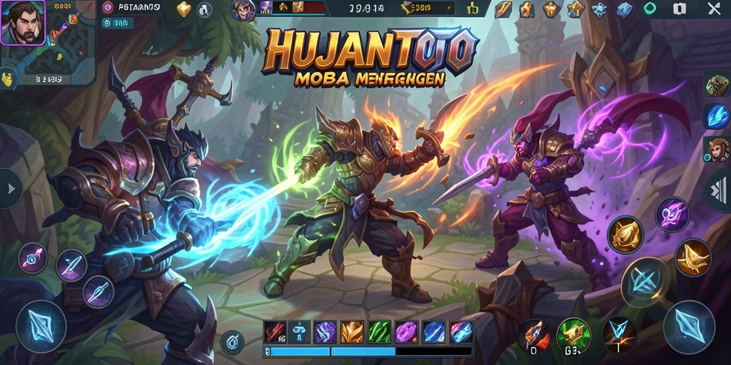 Tampilan gameplay seru HUJANTOTO saat hero bertarung di arena.