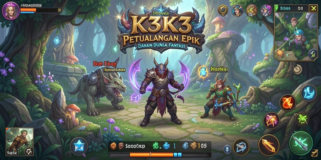Screenshot gameplay K3K3 menampilkan pertarungan intens di dunia fantasi.