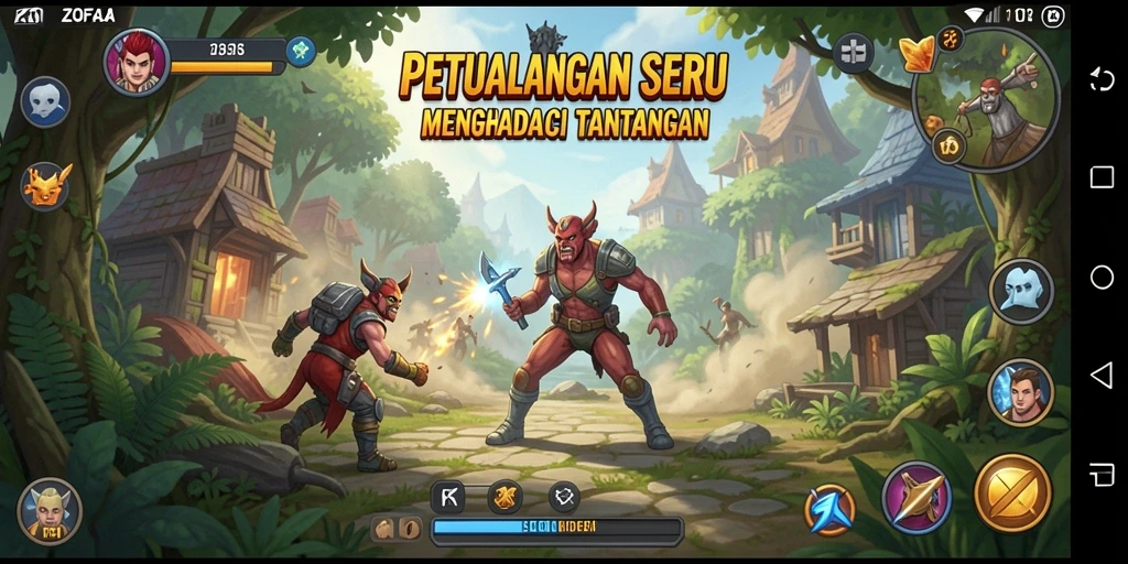 Gambar layar ZOFAZA menampilkan aksi seru dalam petualangan menantang.